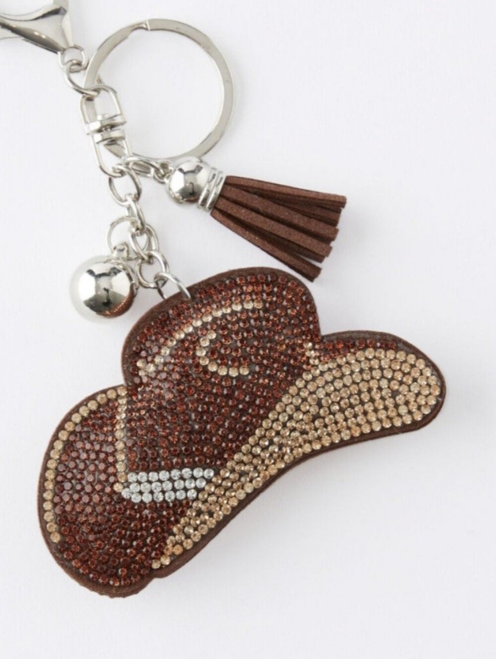 Western Cowgirl Hat Crystal Rhinestone Keychain Bag Charm With Tan Tassel
